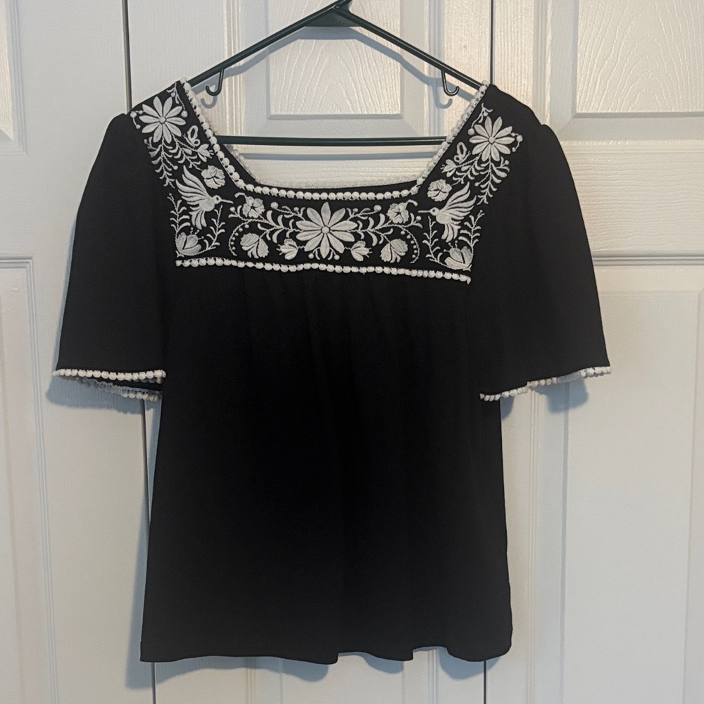 Kate Spade Black Blouse with White Floral Embroidery
